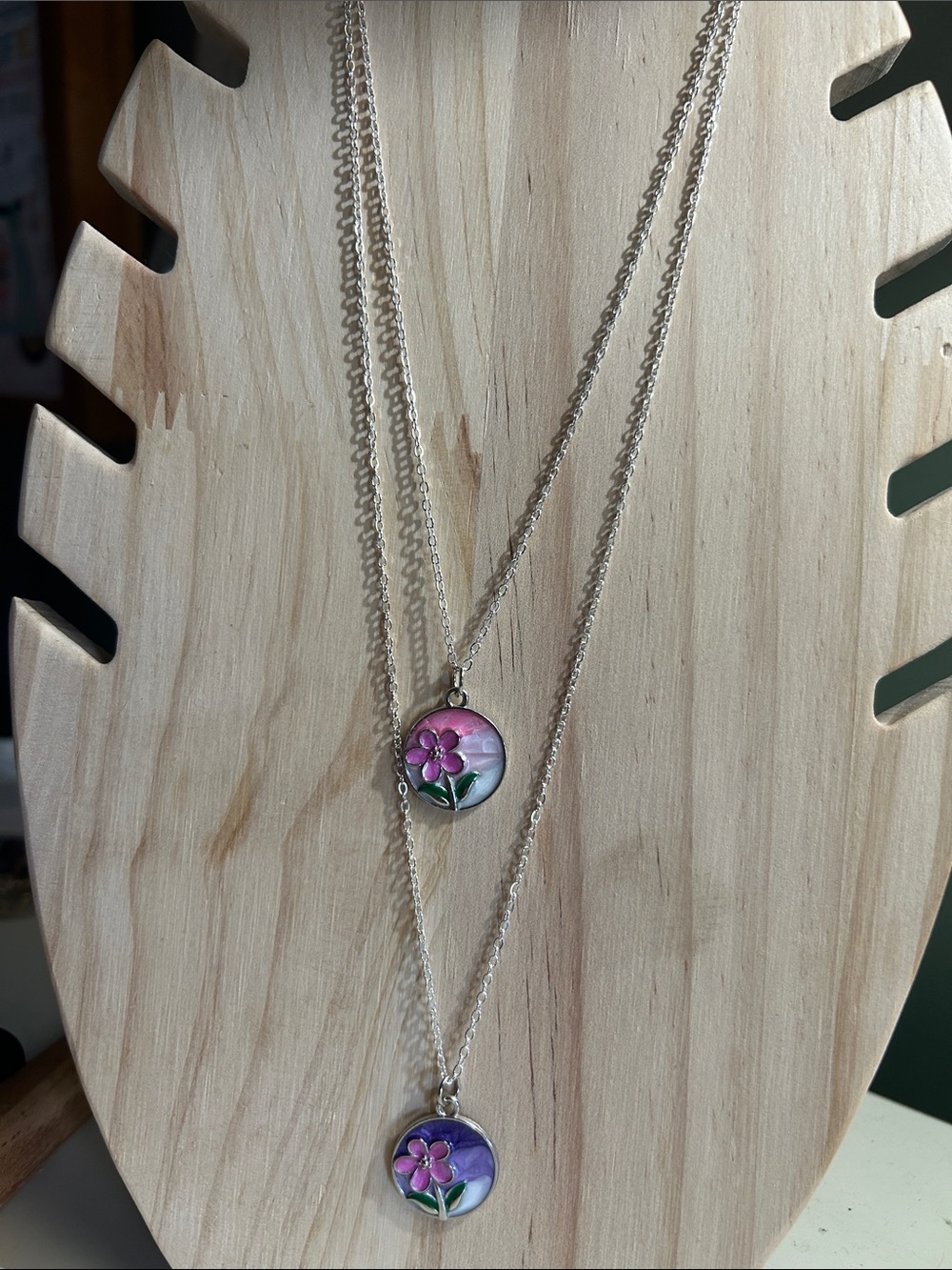 Delicate and dainty Pink or Purple Flower Pendant Necklace - Silver Chain